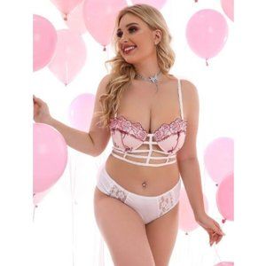 16 Plus Pink Flower Embroidery Hollow Out Underwire Bra 40F,40G,42D,42E,42F,44C,